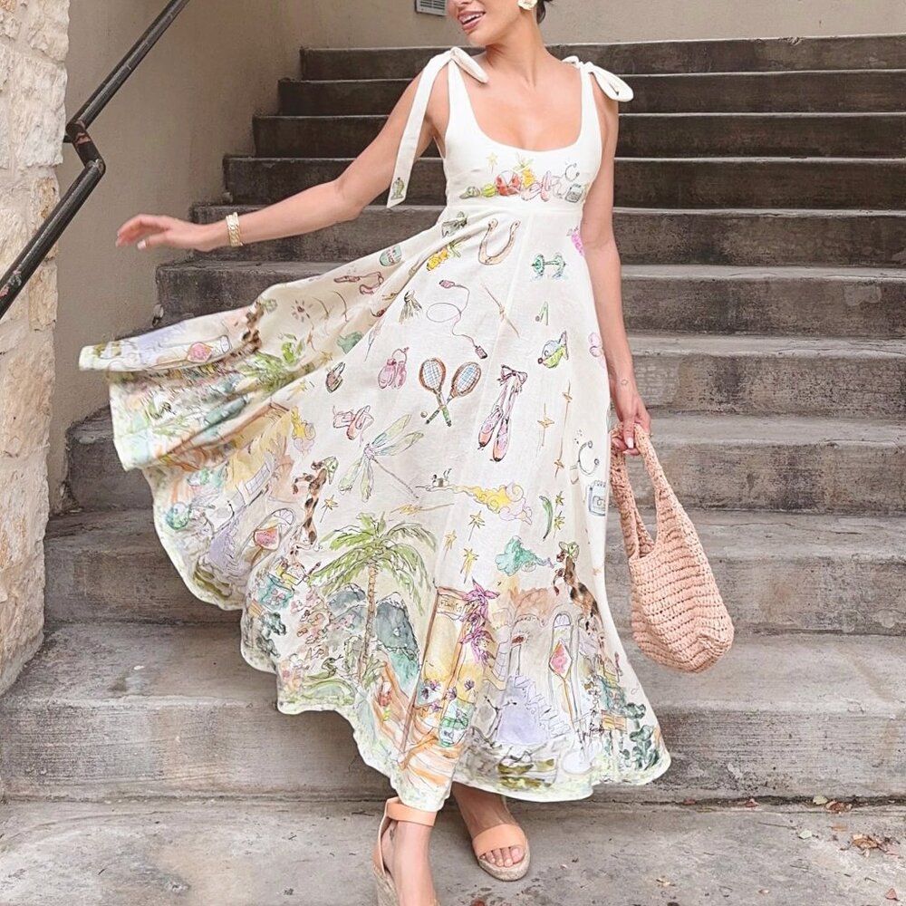 ALÉMAIS + Anouk Colantoni Ballet tie-detailed printed shirred linen dress